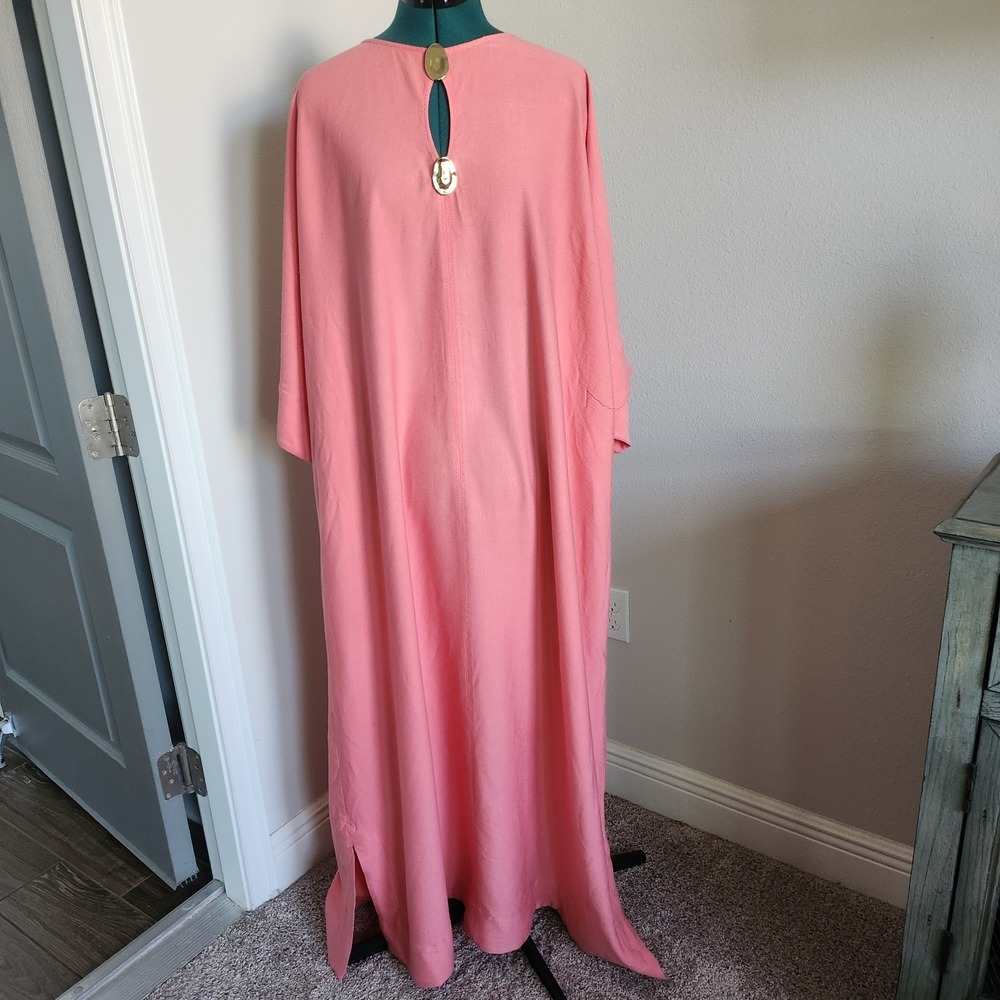 H&M Womens Kaftan Maxi Pink / Coral Sz XL Oversized Gold Hardware Short Sleeves